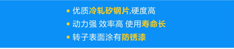 使用優(yōu)質(zhì)冷軋矽鋼片，硬度高；轉(zhuǎn)子經(jīng)高頻淬火，動(dòng)力強(qiáng) 效率高 壽命長(zhǎng)；轉(zhuǎn)子表面涂有防銹漆，更耐用！